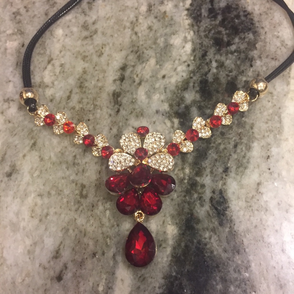Ruby Red & Crystal Rhinestone Necklace - Picture 7 of 8